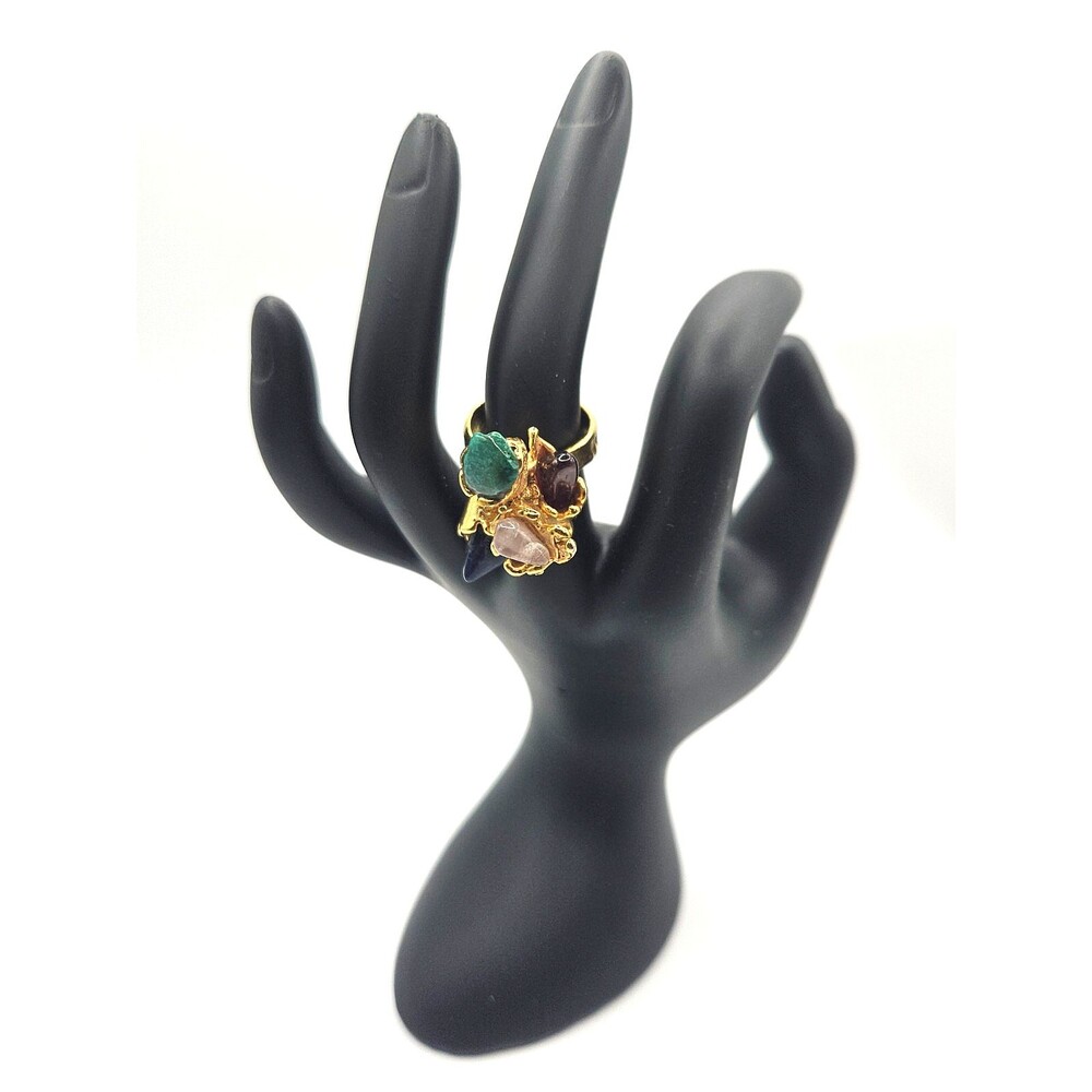 Vintage Brutalist Style Ring Gold Tone Mixed Stones Organic Statement  - Size 7